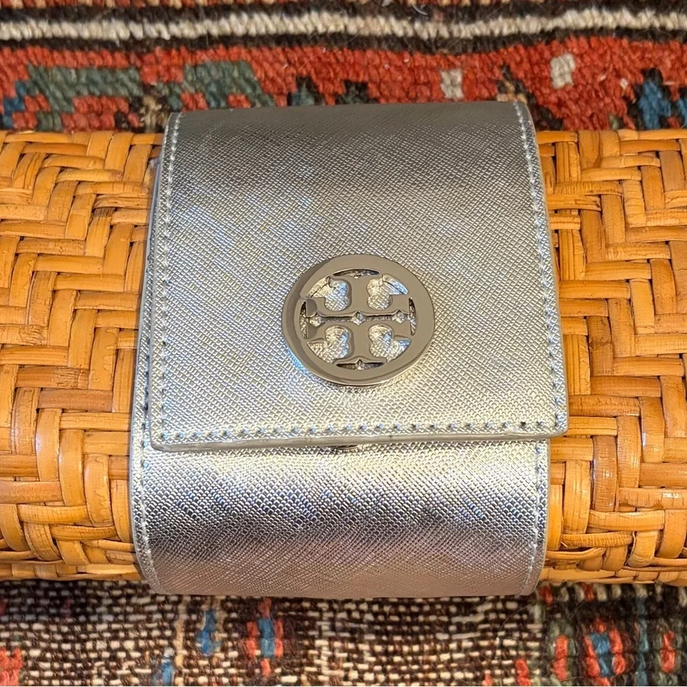Tory Burch Metallic Silver Rattan Clutch